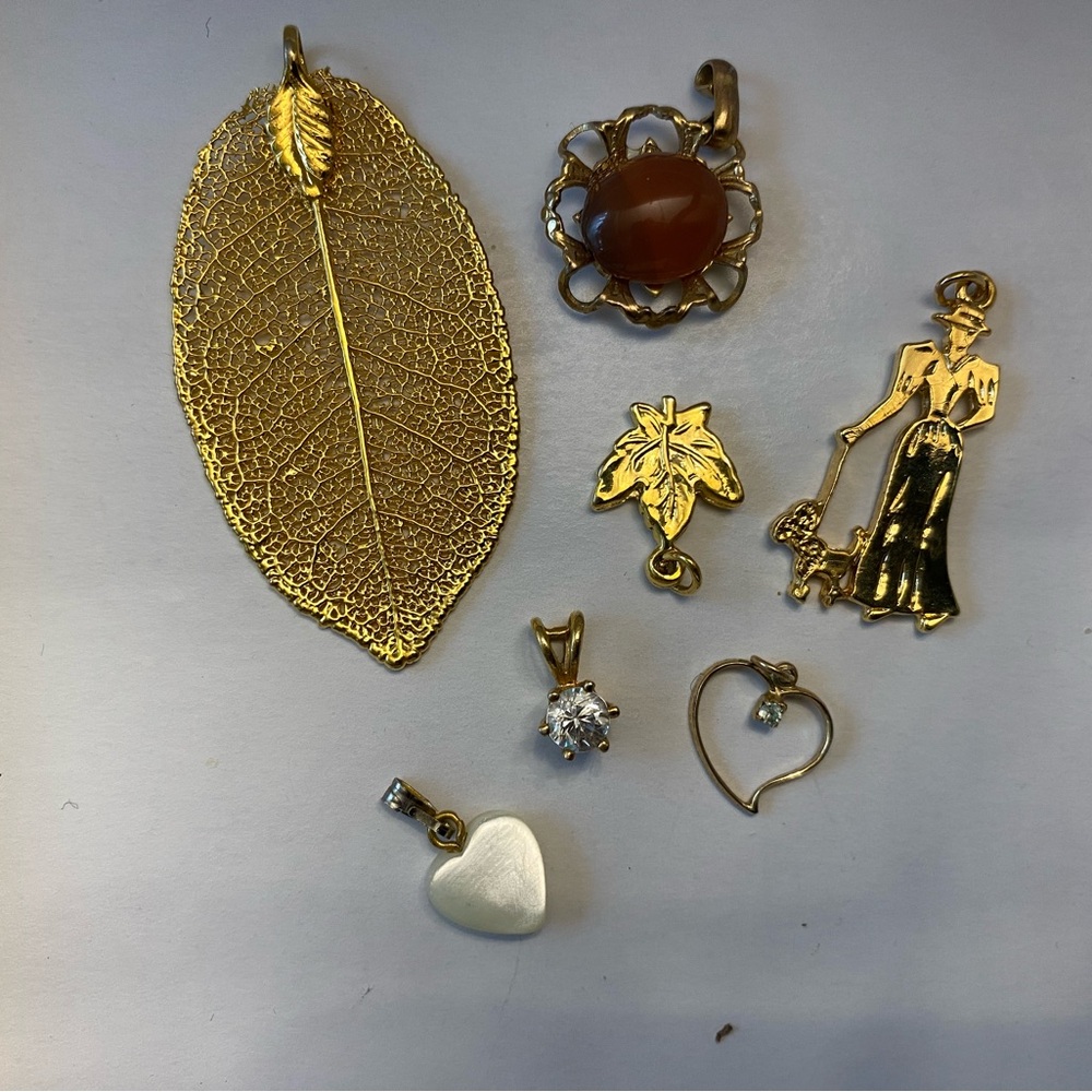 Lot of Gold Leaf and Charm Pendant Set - Women Jewelry, Gold Tone